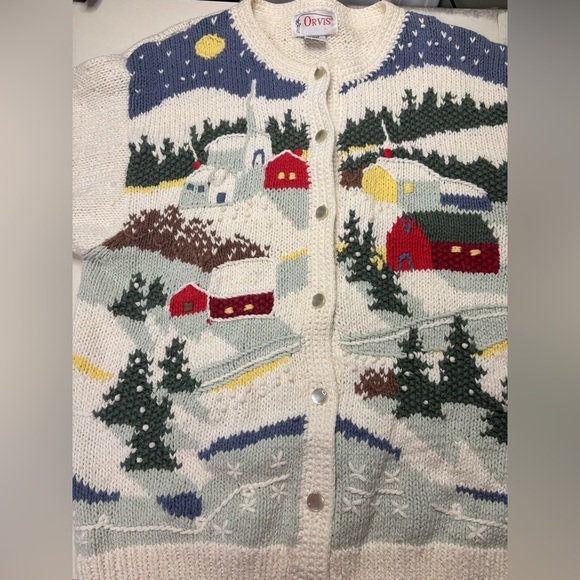 Vintage Orvis 3D Cardigan 90s Embroidered Snowy Town Village Sweater Size Medium - Picture 5 of 7